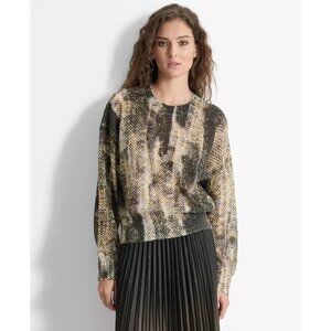 DKNY Women's Printed Round-Neck Long-Sleeve Sweater Black Size XS MSRP $179